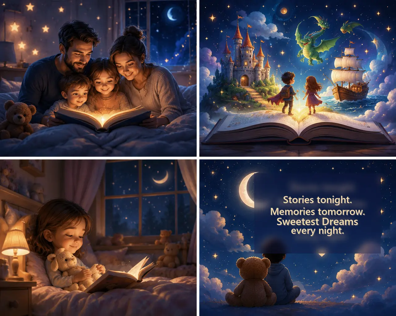 Family bedtime and magical story world collage